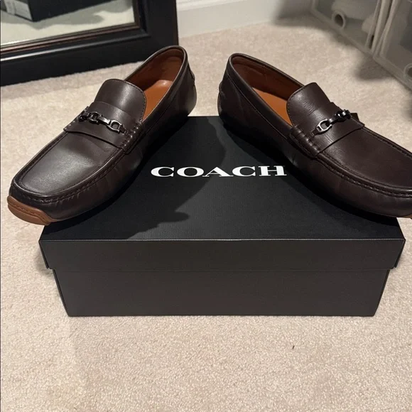 Coach Dark Brown Leather Loafers with Chain Accent - Picture 2 of 4